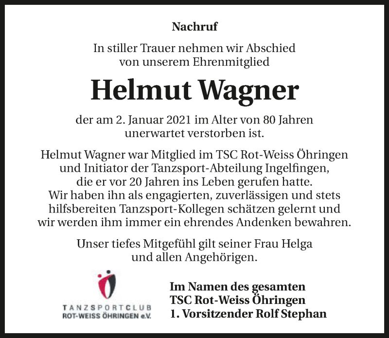 Traueranzeige für Helmut Wagner vom 09.01.2021 aus GESAMT