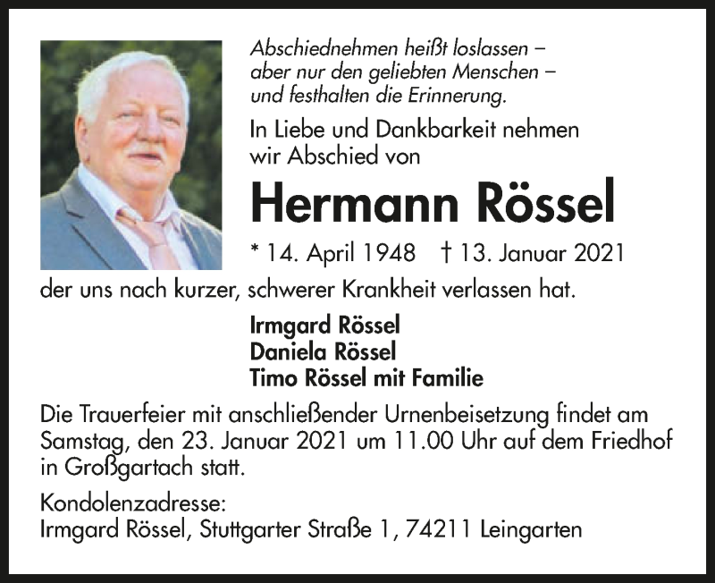  Traueranzeige für Hermann Rössel vom 19.01.2021 aus GESAMT