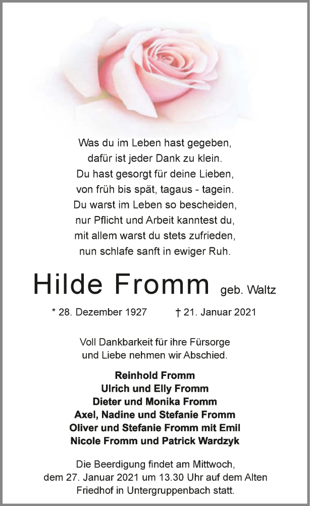  Traueranzeige für Hilde Fromm vom 23.01.2021 aus GESAMT