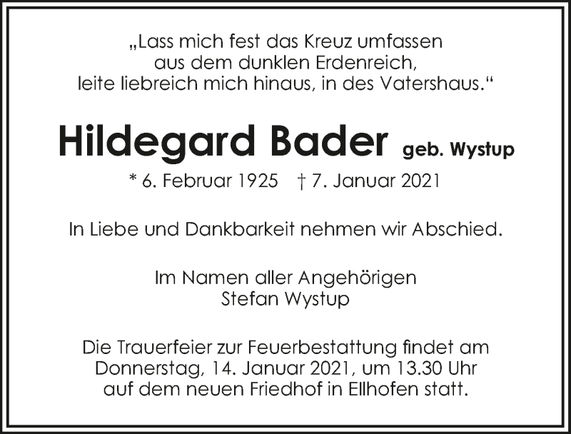  Traueranzeige für Hildegard Bader vom 12.01.2021 aus GESAMT