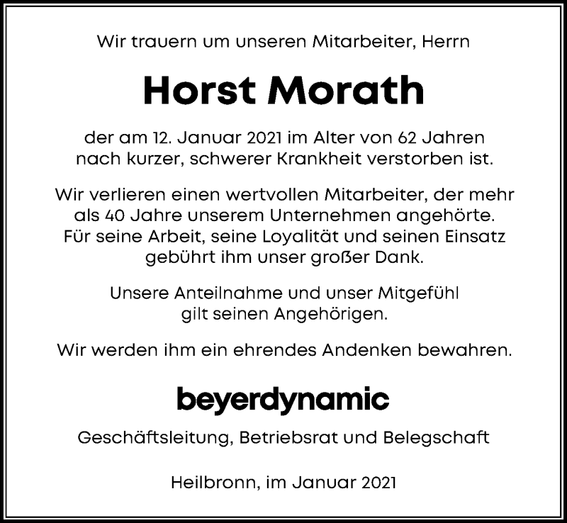 Traueranzeige für Horst Morath vom 16.01.2021 aus GESAMT
