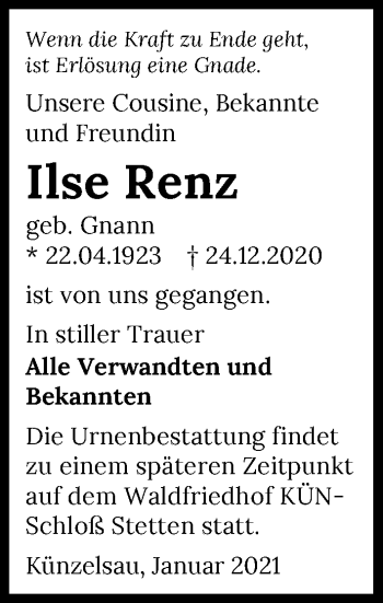 Traueranzeige von Ilse Renz von GESAMT