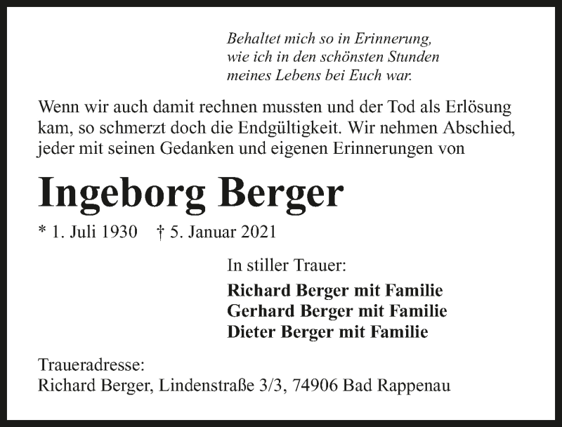  Traueranzeige für Ingeborg Berger vom 13.01.2021 aus GESAMT