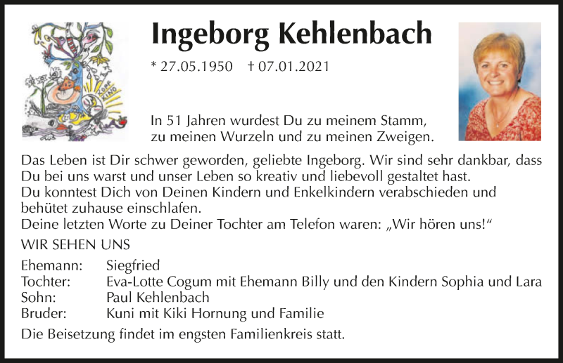  Traueranzeige für Ingeborg Kehlenbach vom 13.01.2021 aus GESAMT
