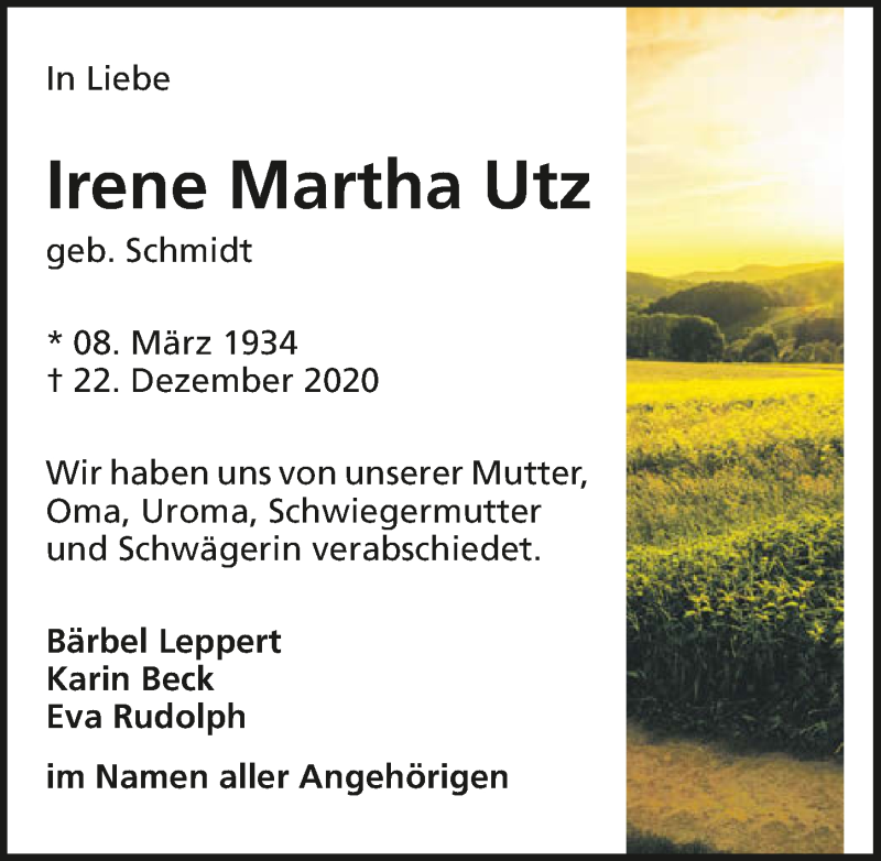  Traueranzeige für Irene Utz vom 07.01.2021 aus GESAMT