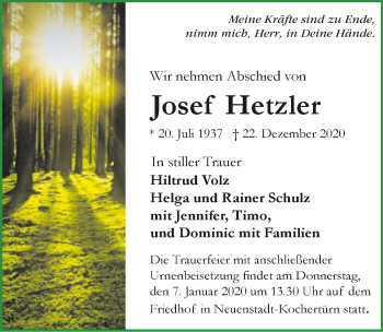 Traueranzeige von Josef Hetzler von GESAMT