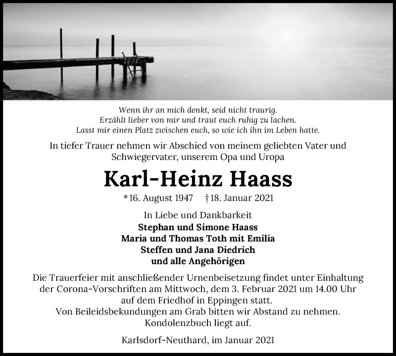  Traueranzeige für Karl-Heinz Haass vom 30.01.2021 aus GESAMT
