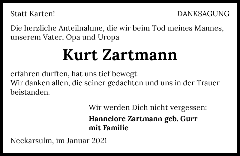  Traueranzeige für Kurt Zartmann vom 20.01.2021 aus GESAMT
