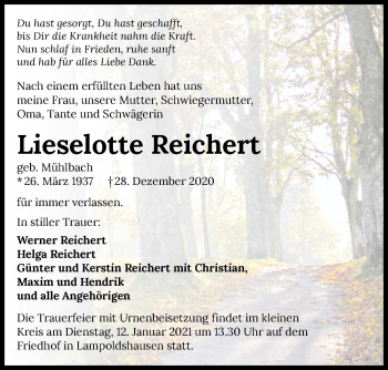 Traueranzeige von Lieselotte Reichert von GESAMT