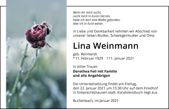 Traueranzeige von Lina Weinmann von GESAMT