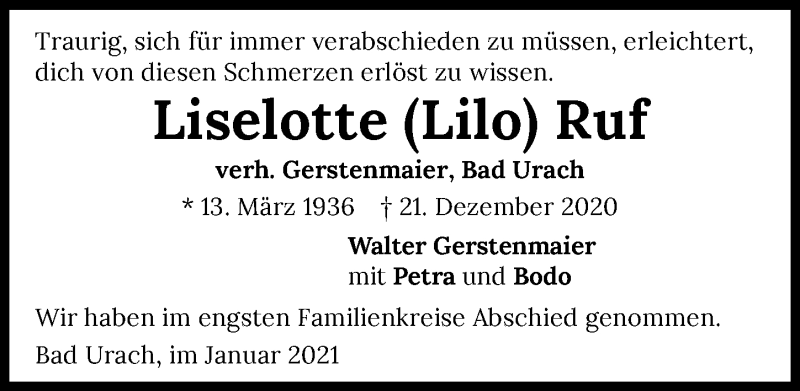  Traueranzeige für Liselotte Ruf vom 16.01.2021 aus GESAMT