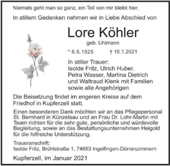 Traueranzeige von Lore Köhler von GESAMT