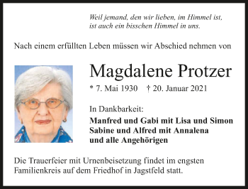 Traueranzeige von Magdalene Protzer von GESAMT
