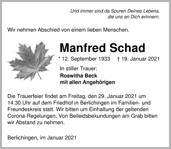 Traueranzeige von Manfred Schad von GESAMT