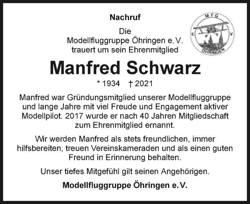  Traueranzeige für Manfred Schwarz vom 26.01.2021 aus GESAMT