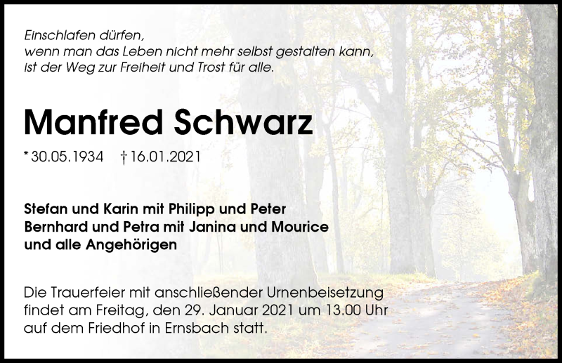  Traueranzeige für Manfred Schwarz vom 23.01.2021 aus GESAMT
