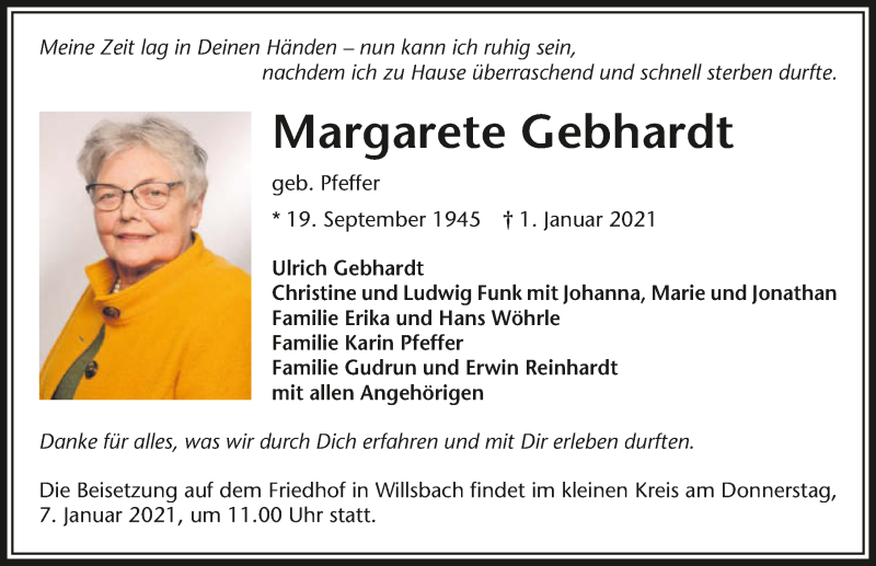  Traueranzeige für Margarete Gebhardt vom 05.01.2021 aus GESAMT