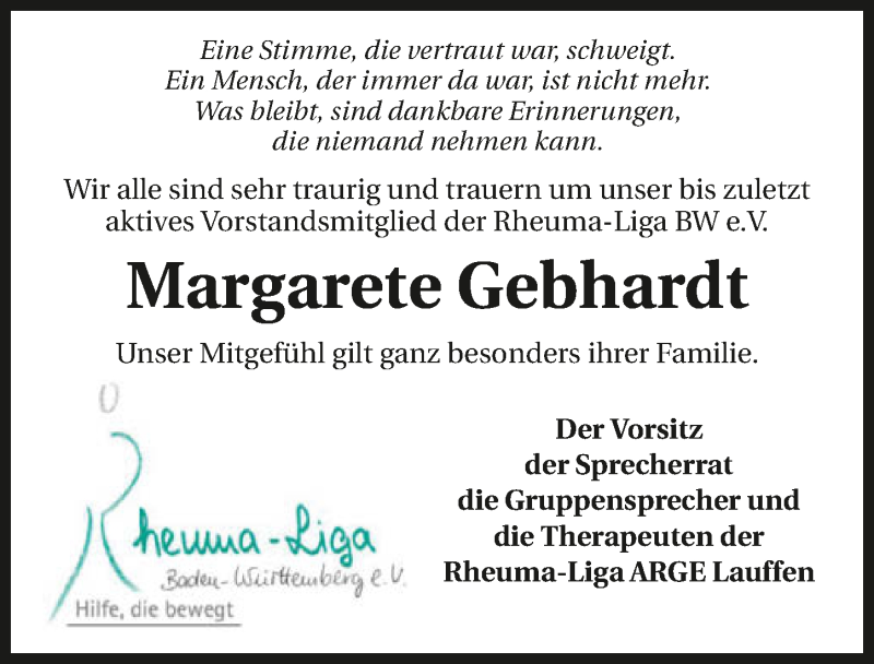 Traueranzeige für Margarete Gebhardt vom 09.01.2021 aus GESAMT