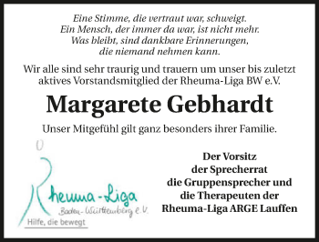 Traueranzeige von Margarete Gebhardt von GESAMT