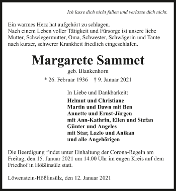 Traueranzeige von Margarete Sammet von GESAMT