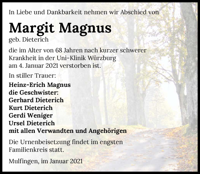  Traueranzeige für Margit Magnus vom 09.01.2021 aus GESAMT