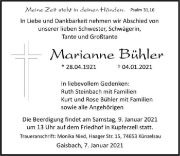 Traueranzeige von Marianne Bühler von GESAMT