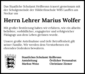 Traueranzeige von Marius Wolfer von GESAMT