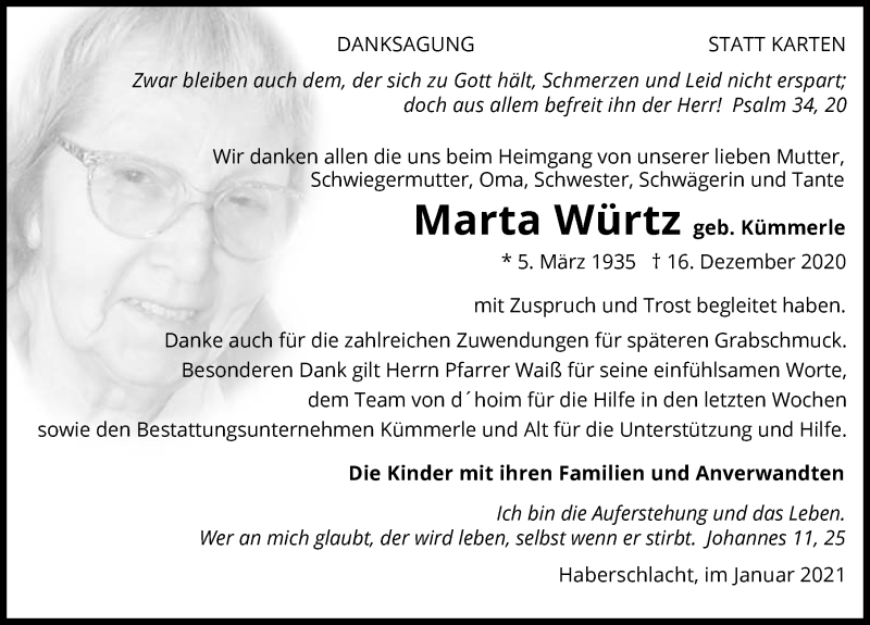  Traueranzeige für Marta Würtz vom 09.01.2021 aus GESAMT