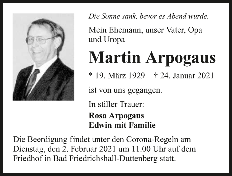  Traueranzeige für Martin Arpogaus vom 30.01.2021 aus GESAMT