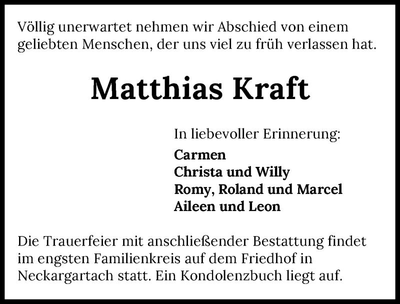 Traueranzeige für Matthias Kraft vom 30.01.2021 aus GESAMT