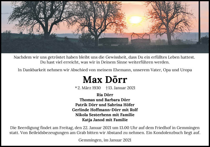  Traueranzeige für Max Dörr vom 16.01.2021 aus GESAMT