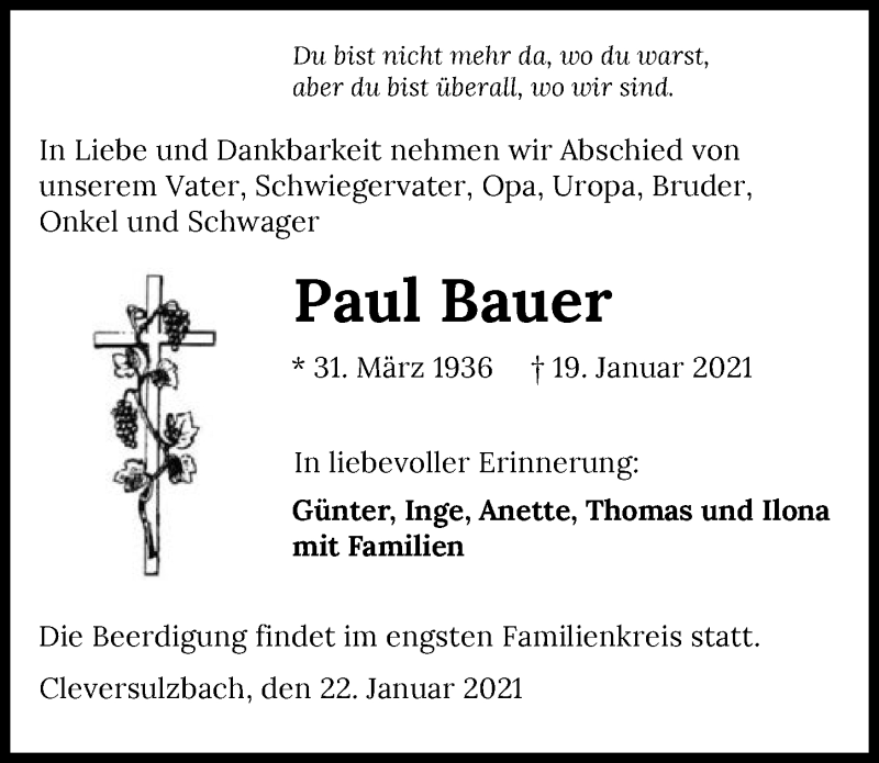  Traueranzeige für Paul Bauer vom 22.01.2021 aus GESAMT