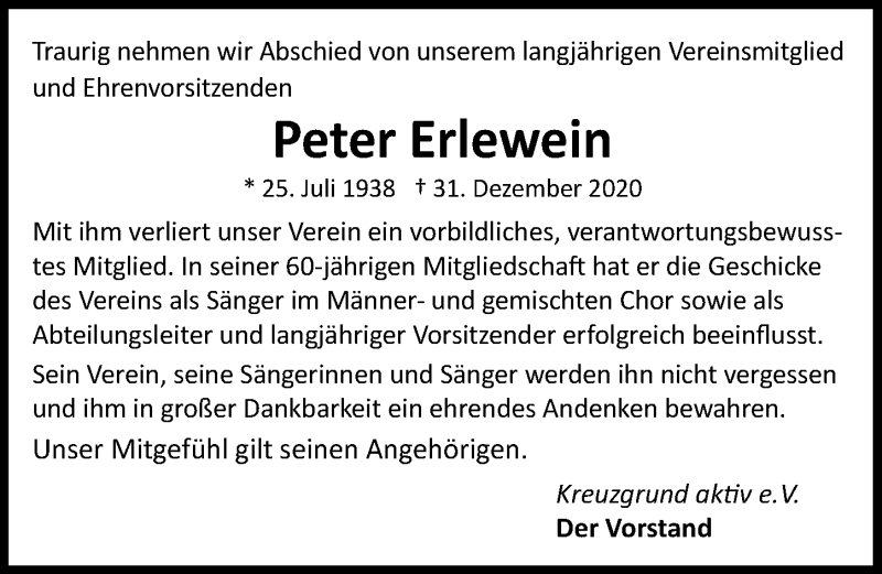  Traueranzeige für Peter Erlewein vom 09.01.2021 aus GESAMT