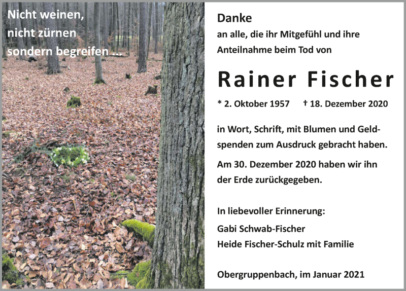  Traueranzeige für Rainer Fischer vom 13.01.2021 aus GESAMT