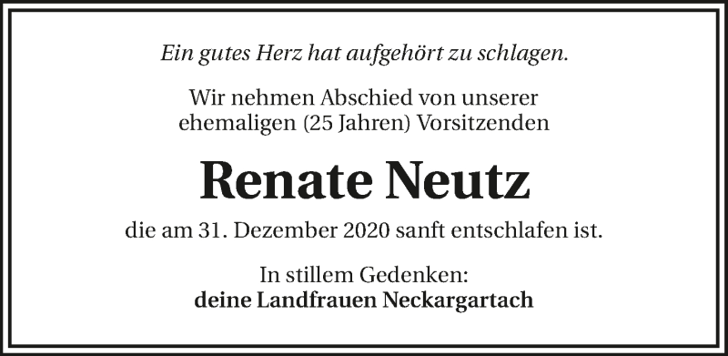  Traueranzeige für Renate Neutz vom 07.01.2021 aus GESAMT