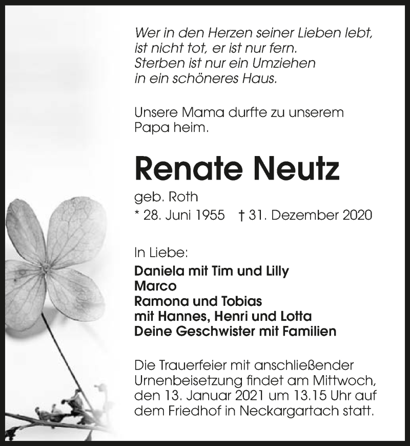  Traueranzeige für Renate Neutz vom 07.01.2021 aus GESAMT