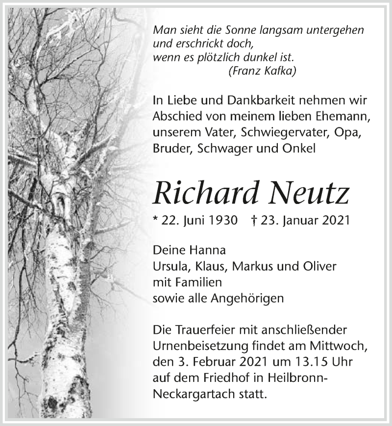  Traueranzeige für Richard Neutz vom 29.01.2021 aus GESAMT