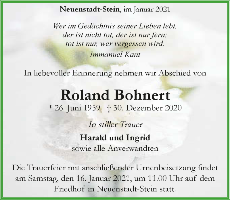  Traueranzeige für Roland Bohnert vom 09.01.2021 aus GESAMT
