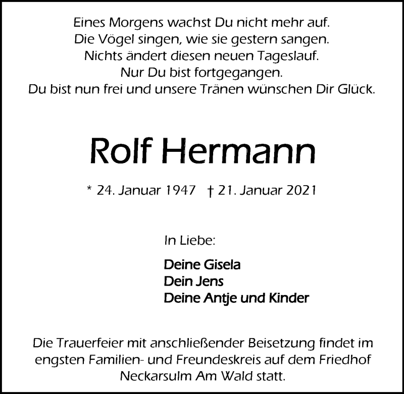  Traueranzeige für Rolf Hermann vom 23.01.2021 aus GESAMT