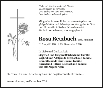 Traueranzeige von Rosa Retzbach von GESAMT