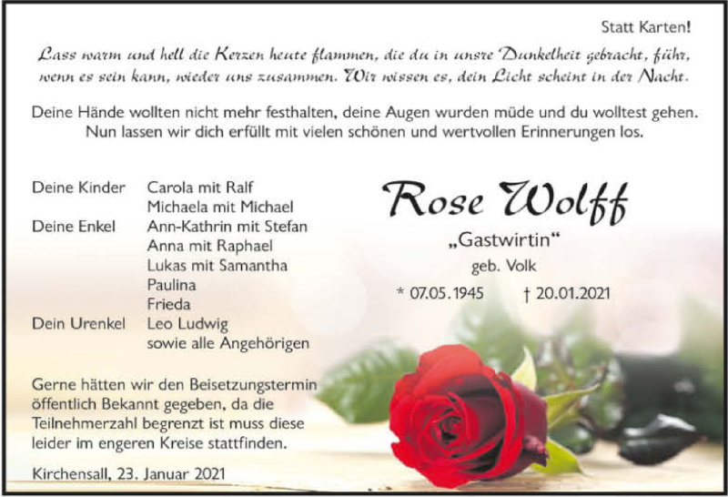  Traueranzeige für Rose Wolff vom 23.01.2021 aus GESAMT