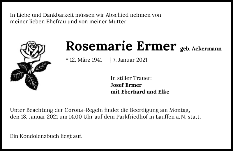 Traueranzeige für Rosemarie Ermer vom 14.01.2021 aus GESAMT