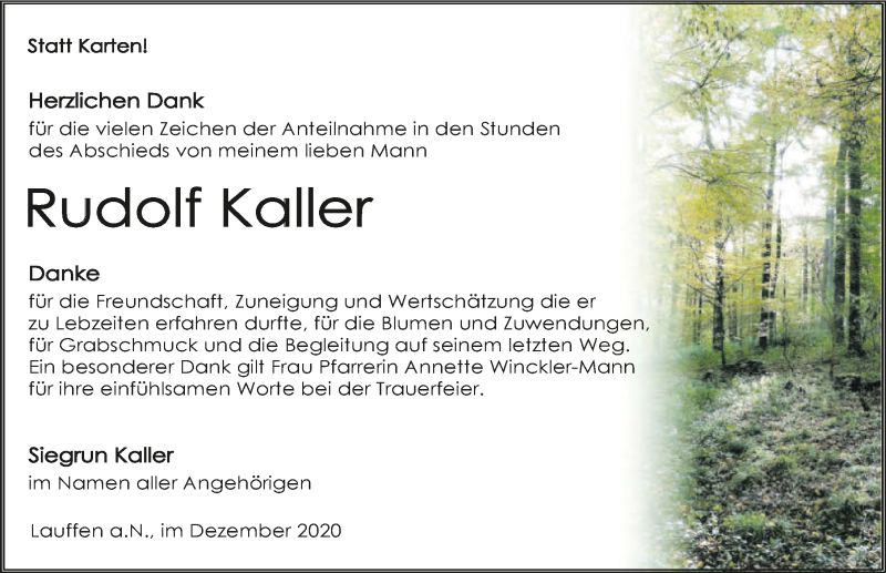  Traueranzeige für Rudolf Kaller vom 02.01.2021 aus GESAMT