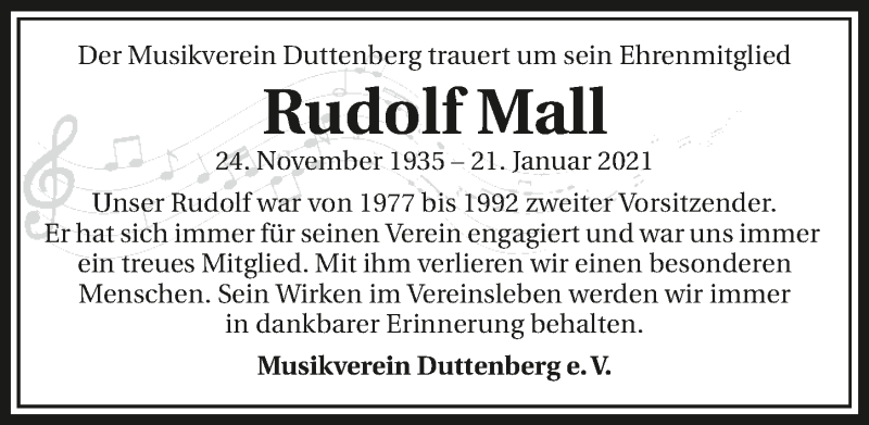  Traueranzeige für Rudolf Mall vom 26.01.2021 aus GESAMT