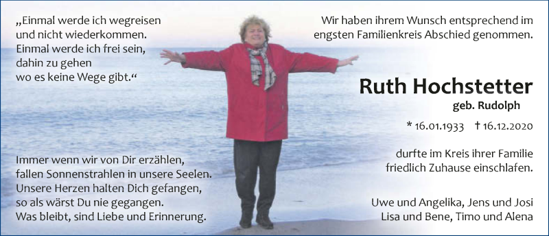  Traueranzeige für Ruth Hochstetter vom 02.01.2021 aus GESAMT