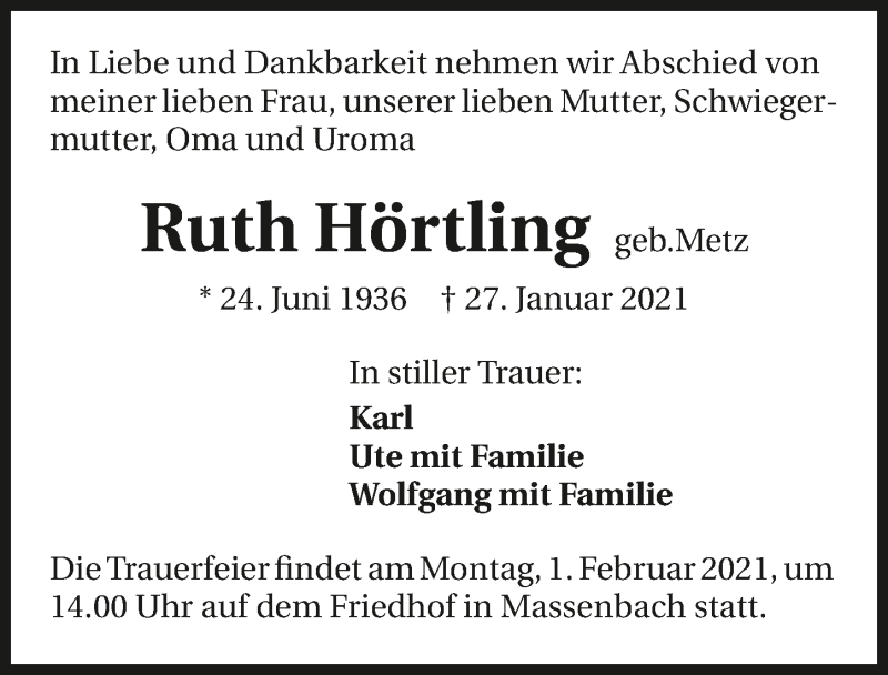 Traueranzeige für Ruth Hörtling vom 30.01.2021 aus GESAMT