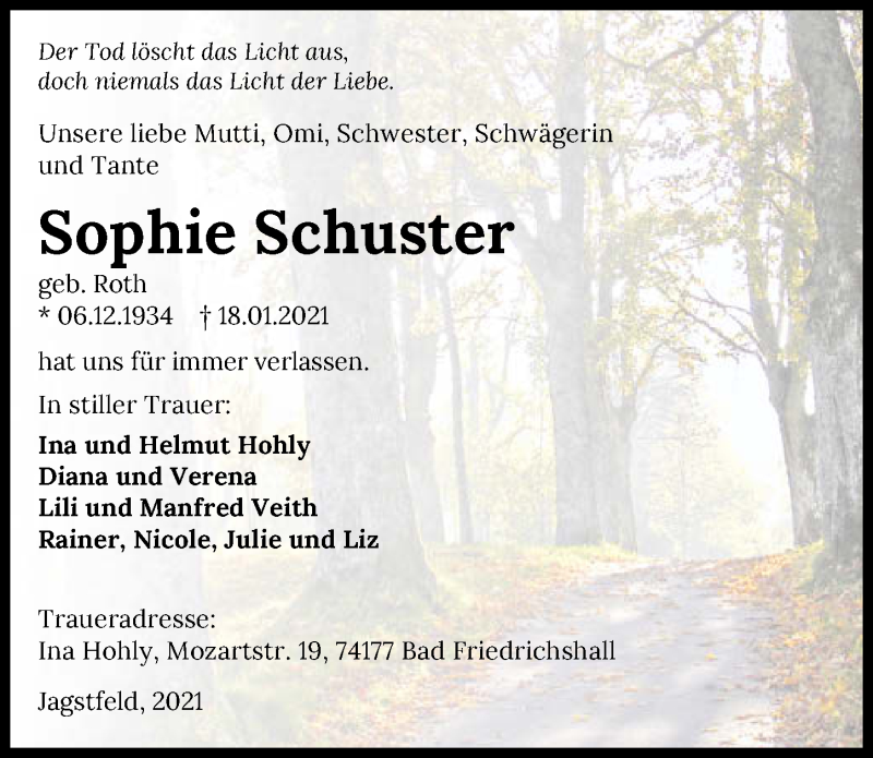  Traueranzeige für Sophie Schuster vom 23.01.2021 aus GESAMT