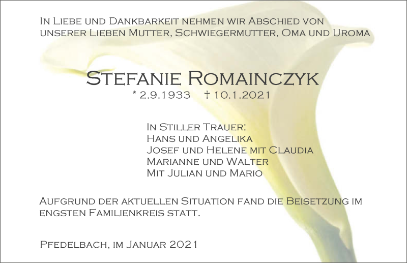  Traueranzeige für Stefanie Romainczyk vom 16.01.2021 aus GESAMT