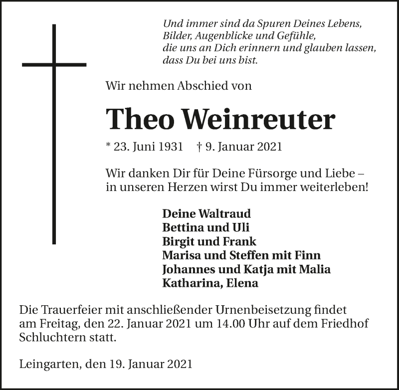  Traueranzeige für Theo Weinreuter vom 19.01.2021 aus GESAMT