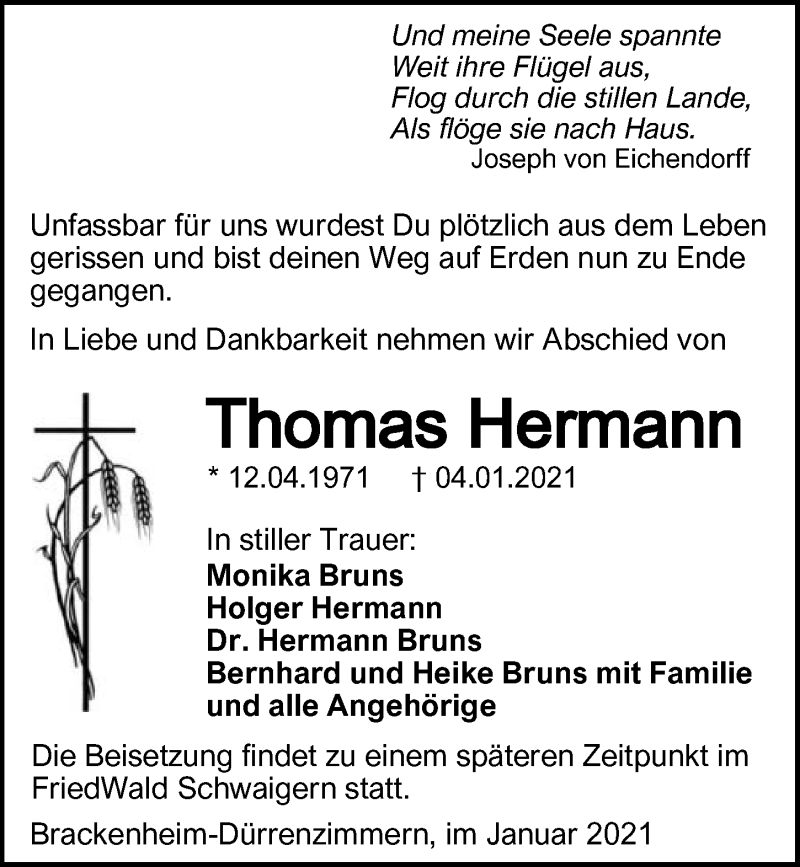  Traueranzeige für Thomas Hermann vom 09.01.2021 aus GESAMT